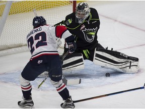 Edmonton Oil Kings goaltender Josh Dechaine is scored on by Lethbridge Hurricanes Egor Babenko on January 11, 2017 in Edmonton. Dechaine made 38 saves in a 4-1 loss at the Prince George Cougars on Friday.