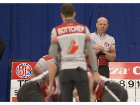 Kevin Martin is coaching the Brendan Bottcher rink at the 2017 Alberta Boston Pizza Cup men's curling championship in Westlock, but will be in the booth for Sunday's playoffs. (Greg Southam)