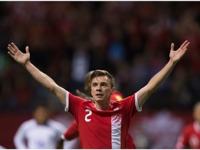 Canada's Nik Ledgerwood celebrates his goal against El Salvador in a FIFA World Cup qualifyier in Vancouver on Sept. 6, 2016. (The Canadian Press)