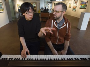 Raphaël Freynet and Yvette Prefontaine work on a song as part of the Nina Haggerty Centre's New Voices program.