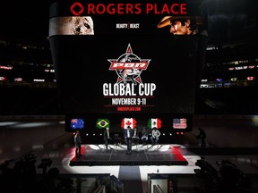 Sean Gleason (centre), Professional Bull Riders CEO, speaks during the Professional Bull Riders Global Cup announcement held at Rogers Place in Edmonton on Wednesday, February 8, 2017. Ian Kucerak / Postmedia