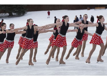 Members of synchronized figure skating team the Edmonton Icicles perform during the Silver Skate Festival in Hawrelak Park, in Edmonton Sunday Feb. 12, 2017. Photo by David Bloom