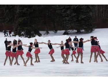 Members of synchronized figure skating team the Edmonton Icicles perform during the Silver Skate Festival in Hawrelak Park, in Edmonton Sunday Feb. 12, 2017. Photo by David Bloom