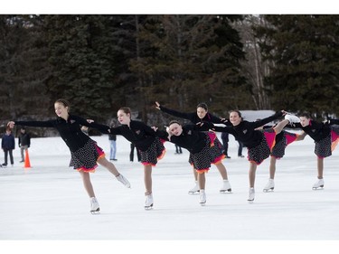 Members of synchronized figure skating team the Edmonton Ice Eclipse perform during the Silver Skate Festival in Hawrelak Park, in Edmonton Sunday Feb. 12, 2017. Photo by David Bloom