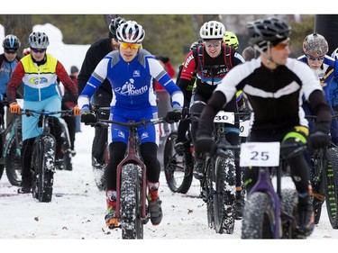 Cyclists take part in the FatBike Fest race at the Silver Skate Festival in Hawrelak Park, in Edmonton Sunday Feb. 12, 2017. Photo by David Bloom