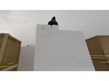 Snow carver Jeremy Mcconville works on snowfortress on Monday February 6, 2017 which is a maze, snow fort that will be ready for the Silver Skate festival, starting on February 10th to the 20th at Hawrelak Park in Edmonton. Greg  Southam / Postmedia  (Standalone photo.)