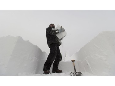 Snow carver Jeremy Mcconville works on snowfortress on Monday February 6, 2017 which is a maze, snow fort that will be ready for the Silver Skate festival, starting on February 10th to the 20th at Hawrelak Park in Edmonton. Greg  Southam / Postmedia  (Standalone photo.)