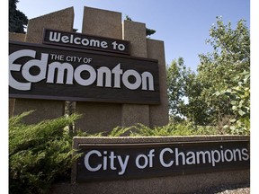 The Edmonton Welcome sign alongside Baseline Road and 101 Avenue on the east side of the city, which includes the city slogan "City of Champions"  in Edmonton on Sept. 13, 2013.