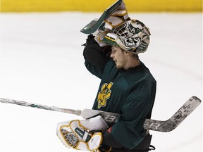 University of Alberta Golden Bears goaltender Brendan Burke participates in a team practice at Clare Drake Arena in Edmonton on Wednesday, February 1, 2017.