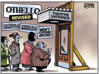 Edmonton Theatre Company revises Othello play out of existence. (Cartoon by Malcolm Mayes)