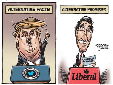 Donald Trump gives alternative facts, while Justin Trudeau makes alternative promises. February 23, 2017.