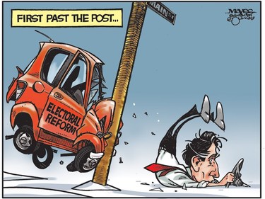 When Electoral Reform crashes, Justin Trudeau is first past the post. (Cartoon by Malcolm Mayes)