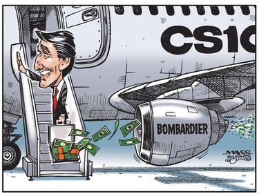 Oblivious Justin Trudeau loses more money to Bombardier. (Cartoon by Malcolm Mayes)