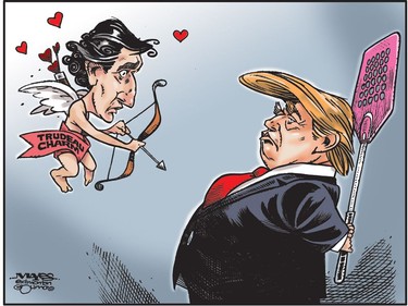 Trudeau's Charm fails to fully impress Donald Trump. (Cartoon by Malcolm Mayes)