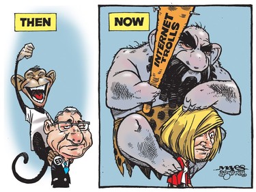 Alberta politicians are harassed, then and now. (Cartoon by Malcolm Mayes)