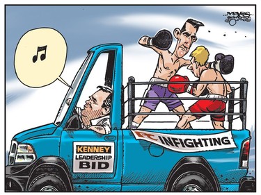 Jason Kenney's leadership bid progresses amid PC party infighting is interpreted by Postmedia editorial cartoonist Malcolm Mayes.