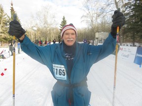 Frank Haley, 92, celebrates after completing the 13-km course at the Canadian Birkebeiner Cross-Country Ski Festival held at the Blackfoot Reserve east of Sherwood Park.