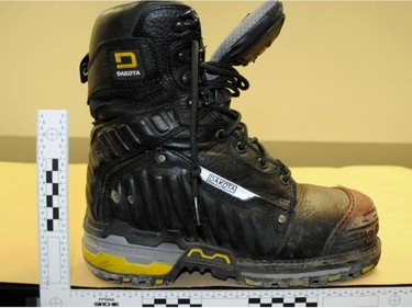 A police photograph of a boot worn by Jayme Paseika and seized by Edmonton police following his arrest as the only suspect in a deadly mass stabbing in an Edmonton warehouse on Feb. 28, 2014. The photograph was entered as an exhibit in Pasieka's jury trial on Feb. 21, 2017.