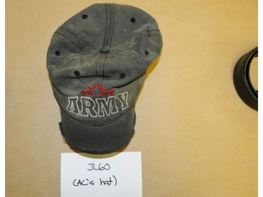A police photograph of a hat worn by Jayme Paseika and seized by Edmonton police following his arrest for a deadly mass stabbing in an Edmonton warehouse on Feb. 28, 2014. The photograph was entered as an exhibit in Pasieka's jury trial on Feb. 21, 2017.