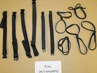 A police photograph of straps and bands worn as bracelets by Jayme Paseika and seized by Edmonton police following his arrest for a deadly mass stabbing in an Edmonton warehouse on Feb. 28, 2014. The photograph was entered as an exhibit in Pasieka's jury trial on Feb. 21, 2017.