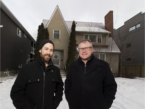 UrbanAge Homes Richard Nault (l) and Singletree Builders' Mick Graham (r) in front of an Oliver-neighbourhood property where they hope to build eight townhouse units around a small courtyard. Photo taken February 3, 2017.