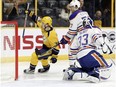 Nashville Predators left wing Viktor Arvidsson (38) celebrates after scoring a goal against Edmonton Oilers goalie Cam Talbot (33) during the second period of an NHL hockey game Thursday, Feb. 2, 2017, in Nashville, Tenn.