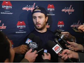 Kevin Shattenkirk of the Washington Capitals speaks at a press conference prior to his first game with the team against the New York Rangers at Madison Square Garden on February 28, 2017 in New York City.