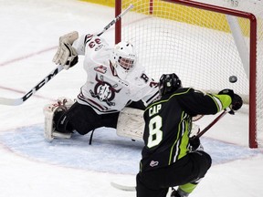 The Edmonton Oil Kings' Ethan Cap scores a short-handed goal against Red Deer Rebels goalie Riley Lamb at Rogers Place in Edmonton on Sunday, March 18, 2017. (David Bloom)