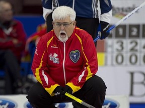Team Nunavut skip Jim Nix lines up a shot during a Brier pre-qualifying curling match against Nova Scotia in St.John&#039;s on Friday, March 3, 2017.