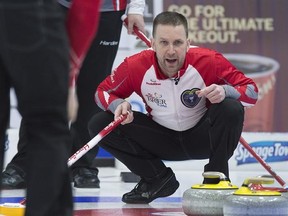 Newfoundland and Labrador skip Brad Gushue watches a rock in draw 8 action against the Northwest Territories at the Tim Hortons Brier curling championship at Mile One Centre in St. John&#039;s on Tuesday, March 7, 2017. The Territories won 8-4. THE CANADIAN PRESS/Andrew Vaughan
