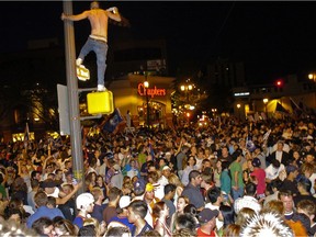 Thousands of revellers took over Whyte Avenue during Oilers playoff victory celebrations in 2006.