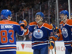 Edmonton Oilers' Darnell Nurse (25) celebrates his goal against the Dallas Stars during second period NHL action at Rogers Place, in Edmonton Tuesday, March 14, 2017. Photo by David Bloom