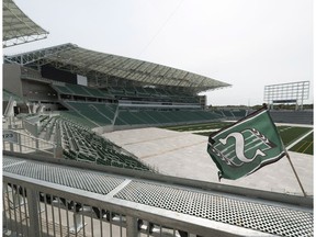 A Saskatchewan Roughriders flag flies at the new Mosaic Stadium in Regina, where the inaugural CFL Week festivities were held last week. (The Canadian Press)
