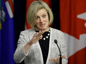 Alberta Premier Rachel Notley speaks about the Federal and Saskatchewan budgets at the Alberta Legislature in Edmonton on Wednesday March 22, 2017.