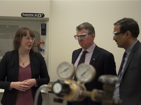 University of Alberta chemistry professor Sarah Styler with university  president David Turpin and federal Infrastructure and Communities Minister Amarjeet Sohi tour labs at the university on Thursday, March 2, 2017 as part of a funding announcement.