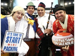 Costumed members of team Ferbey pose during a press conference for the 2007 Ford World Men's Curling Championship in Edmonton on Tuesday, October 31, 2006. From left, Scott Pfeiffer, Dave Nedohin, Randy Ferbey and Marcel Rocque. (File)