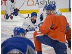 David Desharnais leads the warm-up during his first Edmonton Oilers practice at Rogers Place following Wednesday's NHL trade deadline. (Shaughn Butts)