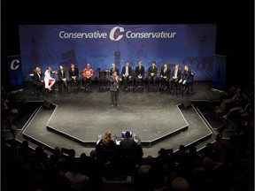 Deepak Obhrai speaks during the Conservative leadership debate at the Maclab Theatre in Edmonton, Alta., on Tuesday, Feb. 28, 2017.