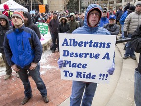 Demonstrators gather at McDougall Centre in downtown Calgary, Alta., on Saturday, March 4, 2017. Several hundred people were protesting provincial government plans to strongly regulate off-highway vehicle (OHV) use in the Castle area.