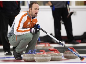 Norway skip Markus Hoiberg yells instructions during a game against Saskatchewan's Team Hartung at the Direct Horizontal Drilling Fall Classic at the Crestwood Curling Club in Edmonton on Oct. 11, 2015. (David Bloom)
