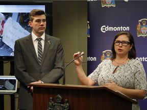 Mayor Don Iveson and Susan McGee, CEO of Homeward Trust,  discuss the progress being made to update Edmonton's Plan to End Homelessness at a news conference at city hall on March 13, 2017.