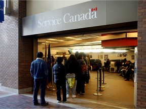 A line up of jobseekers at the Service Canada office in Edmonton, Alberta was busy with job seekers this Friday afternoon. File photo.