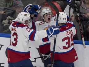 Edmonton Oil Kings Conner McDonald celebrates his goal with teammates Nicholas Bowman (13) and Ty Gerla (39) against the Regina Pats during second period WHL action on Friday February 10, 2017 in Edmonton. The Oil Kings will close out their WHL season on Sunday against the Red Deer Rebels at Rogers Place.