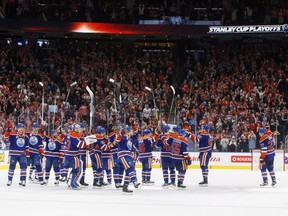 Edmonton Oilers celebrate the win over the Los Angeles Kings following third period NHL action in Edmonton, Alta., on Tuesday, March 28, 2017.