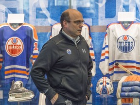 Edmonton Oilers General Manager Peter Chiarelli speaks with the media after the NHL trade deadline on March 1, 2017 at Rogers Place.   Photo by Shaughn Butts / Postmedia Photos off Oilers at trade deadline for copy in Thursday, March 2 editions.