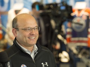 Edmonton Oilers general manager Peter Chiarelli speaks with the media after the NHL trade deadline on March 1, 2017 at Rogers Place.