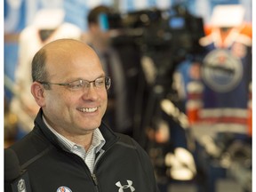 Edmonton Oilers General Manager Peter Chiarelli speaks with the media after the NHL trade deadline on March 1, 2017 at Rogers Place.