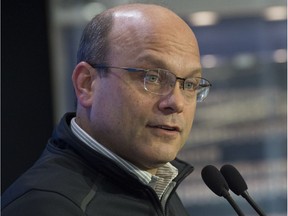 Edmonton Oilers general manager Peter Chiarelli speaks with the media after the NHL trade deadline on March 1, 2017 at Rogers Place.