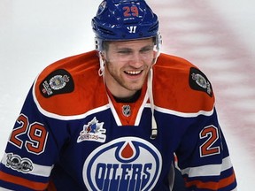 Edmonton Oilers Leon Draisaitl (29) wearing Edmonton Police Service patches all with the rest of the team, on their shoulders in celebration of the 125th anniversary of the police force during the warmup before they battled the New York Islanders during NHL action at Rogers Place in Edmonton, Wednesday, March 7, 2017. Ed Kaiser/Postmedia (Edmonton Journal story by Jim Matheson) Photos off Oilers game for copy in Wednesday, March 8 editions.