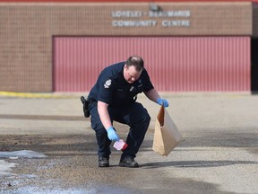 Edmonton Police investigate a suspicious death at Lorelei Park at 162 Avenue and 103 Street on March 26, 2017. On Tuesday, March 28, the police ruled the death a homicide.